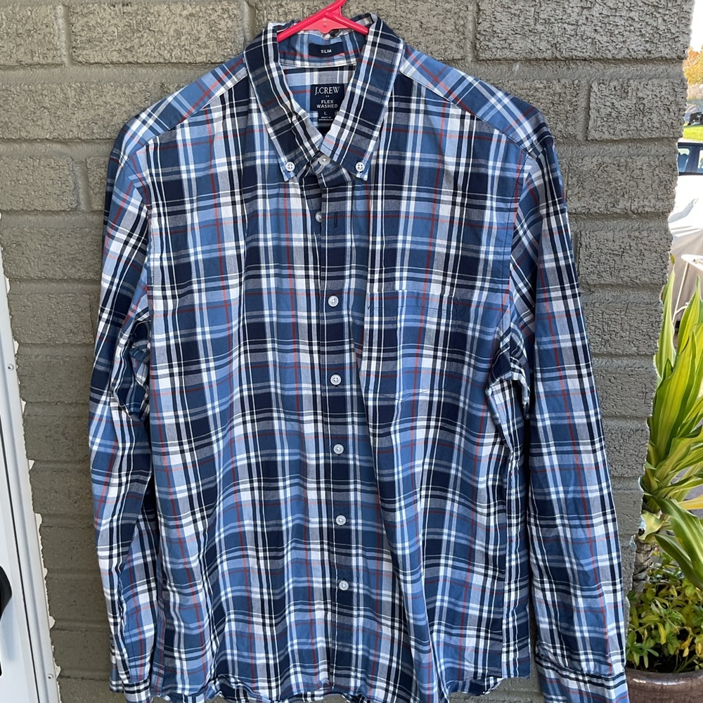 J. Crew Men's Navy and White Plaid Shirt
